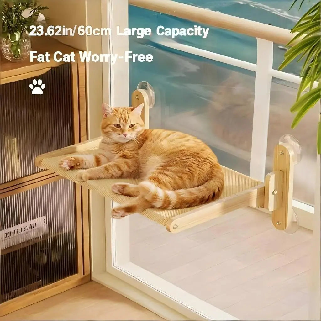 Foldable Solid Wood Cat Window Perch with Heavy-Duty Suction Cup Hammock - Space-Saving Design & Breathable Mesh for Large Cats