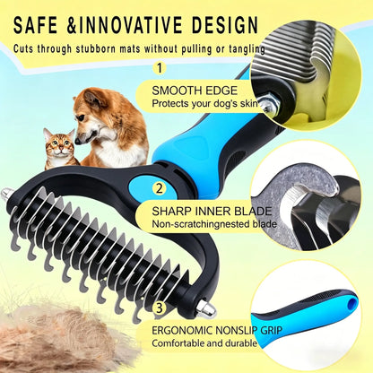 Pet Detangling Comb and Double-Sided Grooming Brush for Dogs and Cats with One-Click Clean Undercoat Rake for Shedding Mats