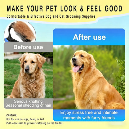 Pet Detangling Comb and Double-Sided Grooming Brush for Dogs and Cats with One-Click Clean Undercoat Rake for Shedding Mats