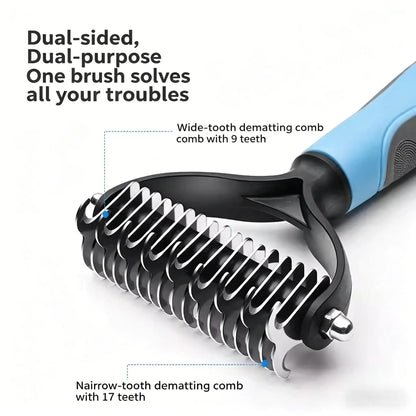 Pet Detangling Comb and Double-Sided Grooming Brush for Dogs and Cats with One-Click Clean Undercoat Rake for Shedding Mats