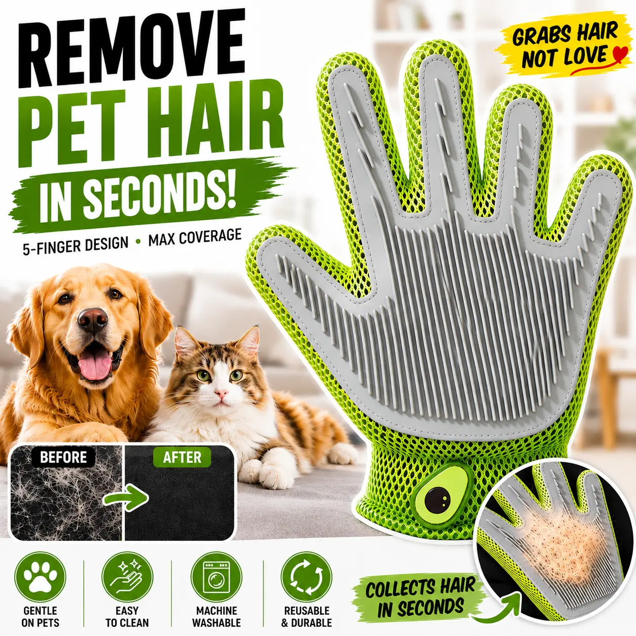 Professional Pet Grooming Glove for Cats and Dogs - Soft Silicone Brush for Daily Grooming and Deshedding, Effectively Removes Loose Fur and Dirt While Providing a Relaxing Massage for Enhanced Pet Well-being and a Cleaner Home