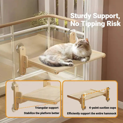 Foldable Solid Wood Cat Window Perch with Heavy-Duty Suction Cup Hammock - Space-Saving Design & Breathable Mesh for Large Cats