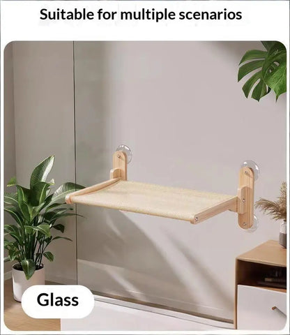 Foldable Solid Wood Cat Window Perch with Heavy-Duty Suction Cup Hammock - Space-Saving Design & Breathable Mesh for Large Cats