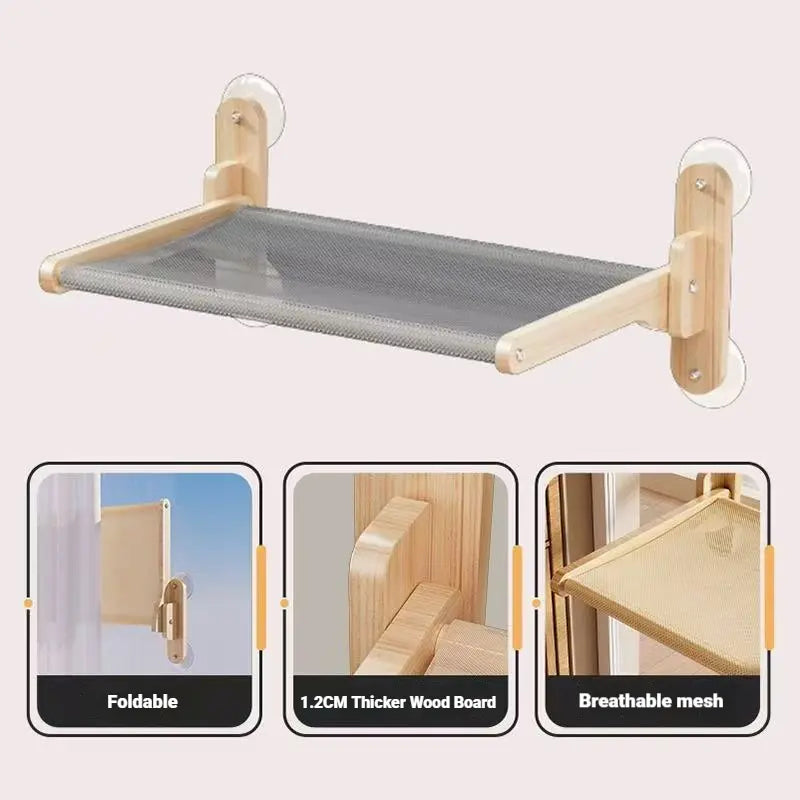 Foldable Solid Wood Cat Window Perch with Heavy-Duty Suction Cup Hammock - Space-Saving Design & Breathable Mesh for Large Cats